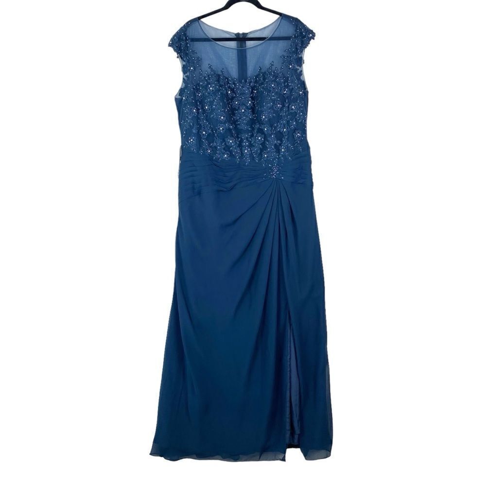 Azazie Libby A-Line Scoop Sequins Chiffon Dress Sz 20 Dark Navy Wedding - Picture 3 of 16